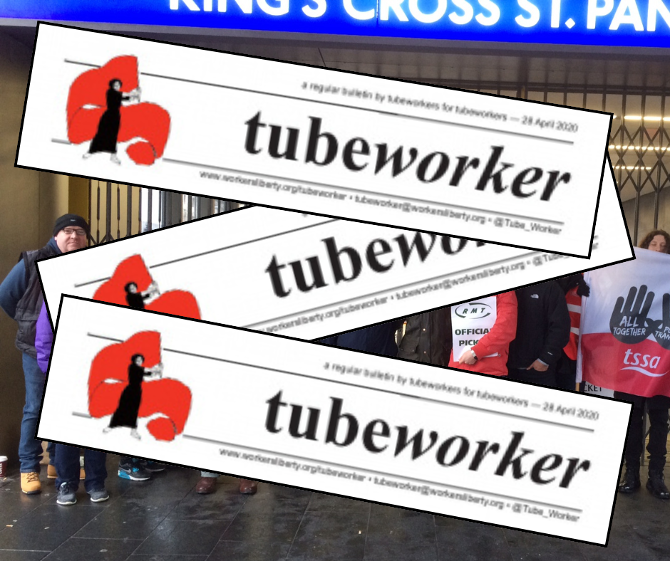 A group of workers on a picket line, overlayed with stickers that say "tubeworker".