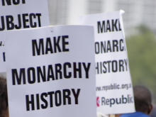 Photo of placards which say “make monarchy history”