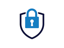 A blue padlock in a black shield