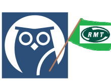 The London Underground Night Tube owl, holding a badly-drawn RMT flag