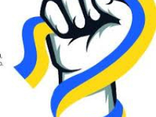 An illustration of a clenched fist holding a ribbon in the yellow-and-blue colours of the Ukrainian flag
