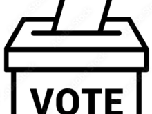 A line drawing of a ballot box, with the word "VOTE" written on it