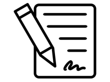 A simple black-and-white icon of a pencil writing on a sheet of paper. The paper shows a few horizontal lines representing text and a scribbled signature at the bottom.