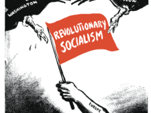A cartoon by the socialist cartoonist Carlo, showing two vultures, one labelled "Washington" and the other labelled "Moscow", attacking a red flag labelled "Revolutionary Socialism"