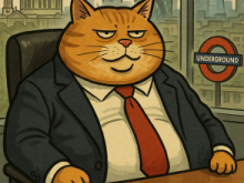 A fat cat in an expensive-looking business suit, in an office overlooking the London skyline, with a London Underground station roundel visible below.