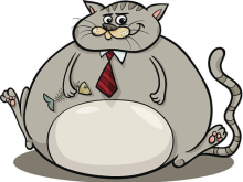 A cartoon of a fat cat, wearing a tie and holding a fish skeleton