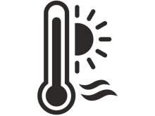 A simple black-and-white weather icon showing a thermometer beside a sun with rays and two wavy heat lines, representing hot temperatures or a heatwave.