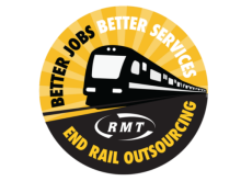 Circular campaign badge showing a black train speeding forward against a yellow sunburst background. The text around the edge reads ‘Better Jobs Better Services’ at the top and ‘End Rail Outsourcing’ at the bottom. The RMT union logo appears beneath the train.