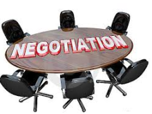 Graphic of chairs around a table with the word "Negotiation" written on it