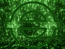 A TfL roundel in "Matrix" style green light