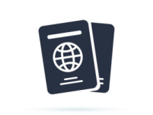A simple icon of two passports, one slightly overlapping the other, with a globe symbol on the front cover.