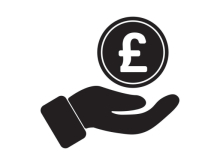 A simple black-and-white icon of an open hand holding up a coin marked with the British pound (£) symbol, representing money, payment, wages, funding, or financial support.