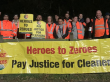 RMT cleaners' picket line, a large yellow banner reads "Heroes to Zeroes: Pay Justice for Cleaners"