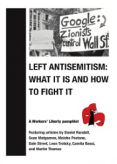 Pamphlet Cover "Left Antisemitism: What it is and How to Fight it" Below a protest sign expressing the antisemitic conspiracy that "Zionists control Walll Street"