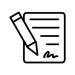 A black-and-white icon of a pencil angled over a sheet of paper, with horizontal lines indicating text and a small signature mark at the bottom.