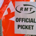 RMT official picket placard in front of red RMT flag
